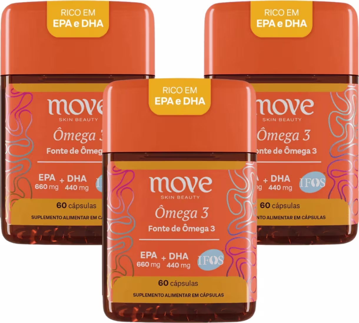Três caixas de suplemento alimentar Move Skin Beauty Ômega 3, contendo 60 cápsulas cada, com rótulos em laranja e amarelo destacando os ingredientes EPA e DHA.