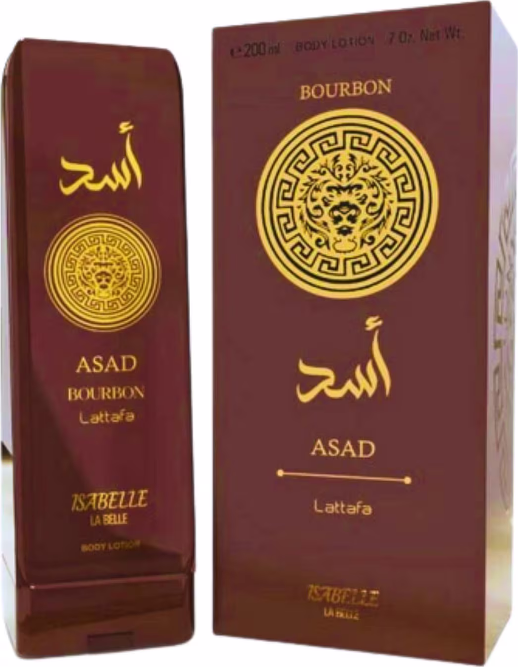 O produto de beleza é uma loção corporal da marca Isabelle La Belle, com embalagem em caixa marrom e dourada, exibindo os nomes "Asad" e "Bourbon" em letras douradas. A caixa também apresenta um padrão gráfico dourado.