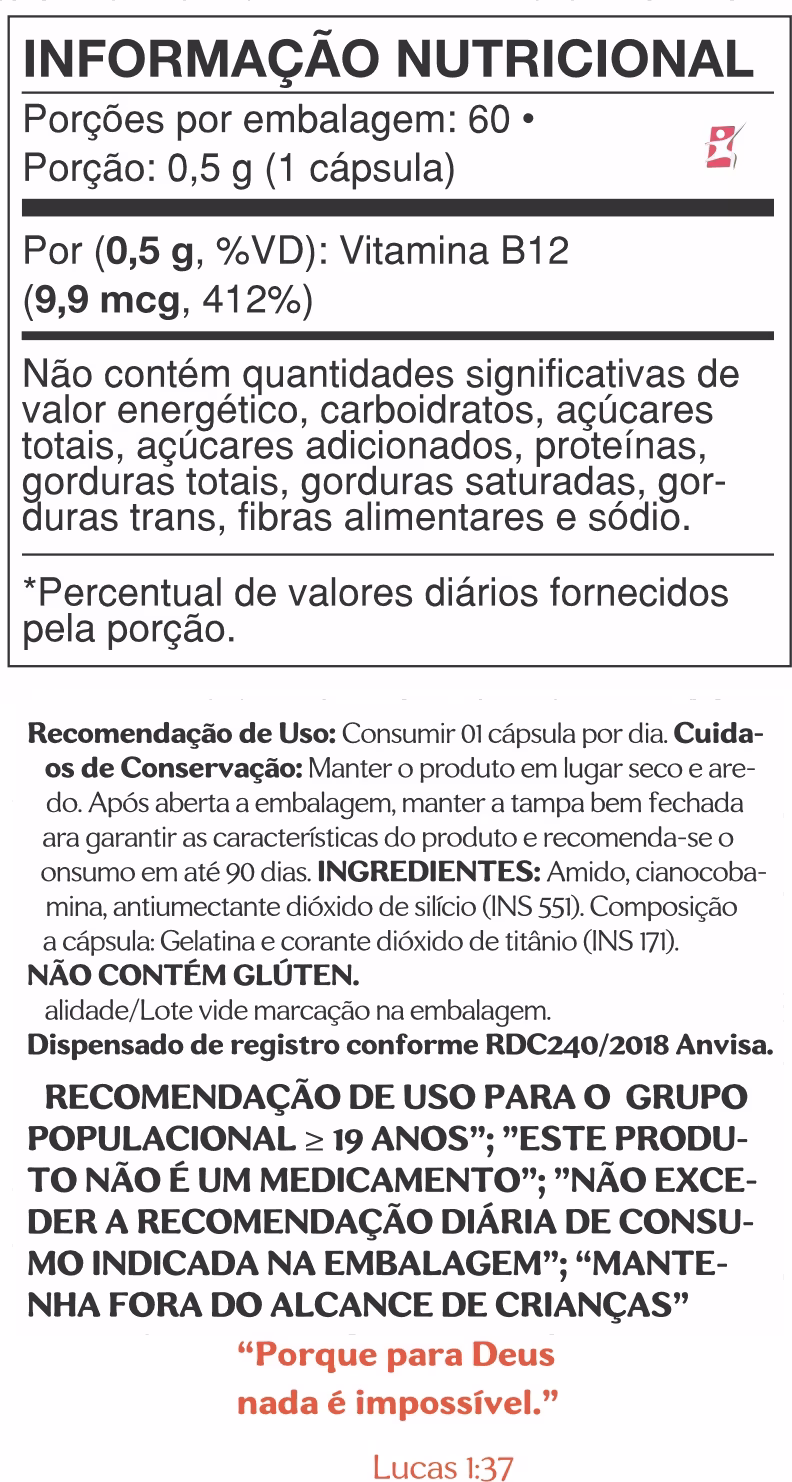 Suplemento Alimentar Videira7 Vitamina B12, 60 Cápsulas.