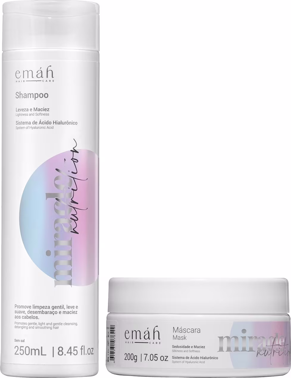 O conjunto de produtos Emáh Hair Care inclui um frasco de shampoo branco com rótulo rosa e azul, e um pote de máscara branco com rótulo semelhante. Ambos os produtos apresentam o sistema de ácido hialurônico como destaque em seus rótulos.