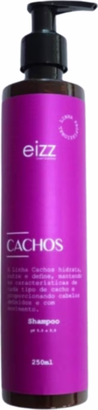 Frasco de shampoo da marca Eizz, na cor rosa vibrante, com rótulo destacando o nome "Cachos". O produto possui um sistema de bomba dispensadora preta na parte superior.