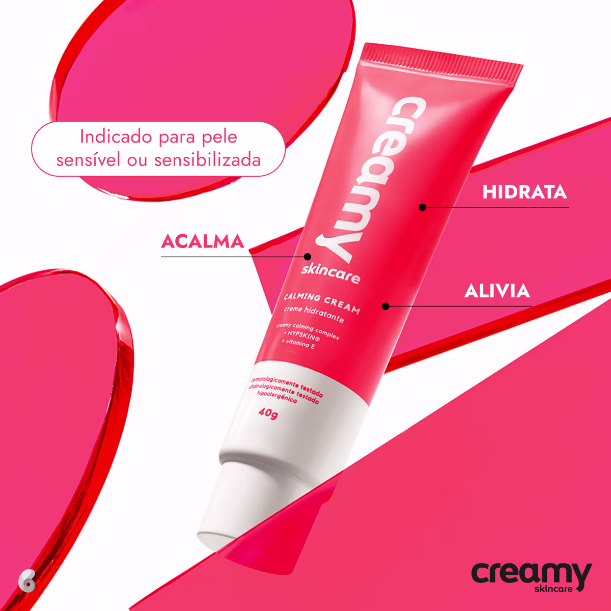 A imagem mostra o produto e informações de ações dele na pele.