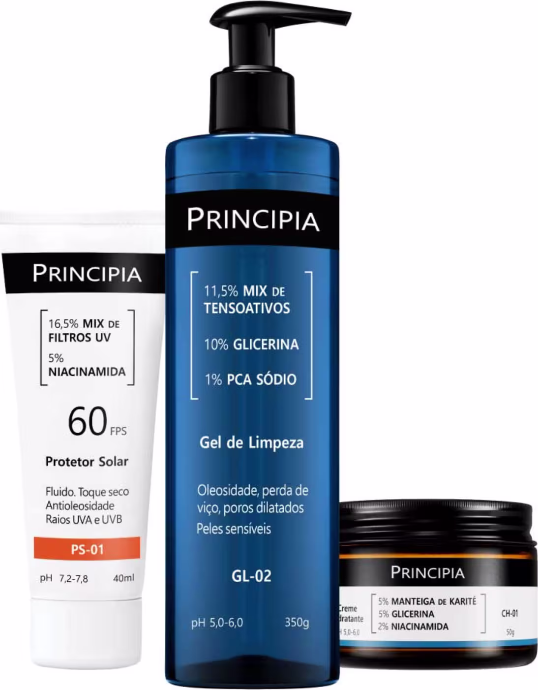 Produtos da marca Principia: protetor solar FPS 60, gel de limpeza e creme hidratante em embalagens de plástico e vidro com predominância de cores azul e preta.