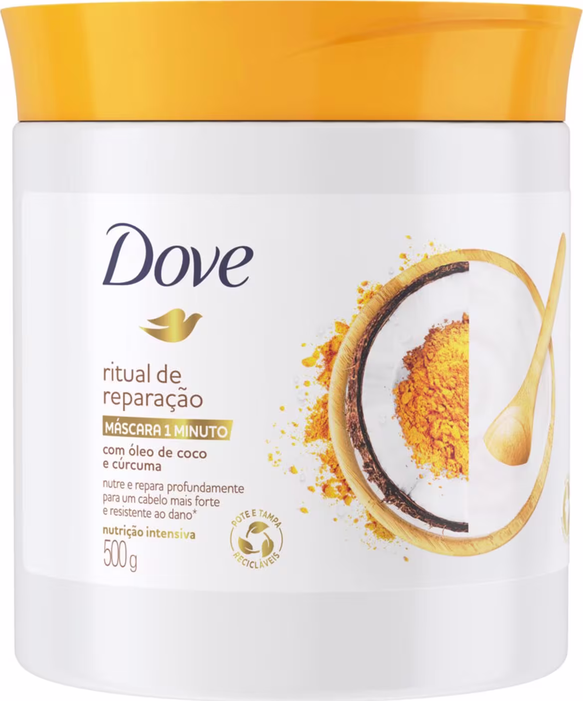 A imagem mostra o pote da Máscara Capilar Ritual de Reparação da marca Dove.