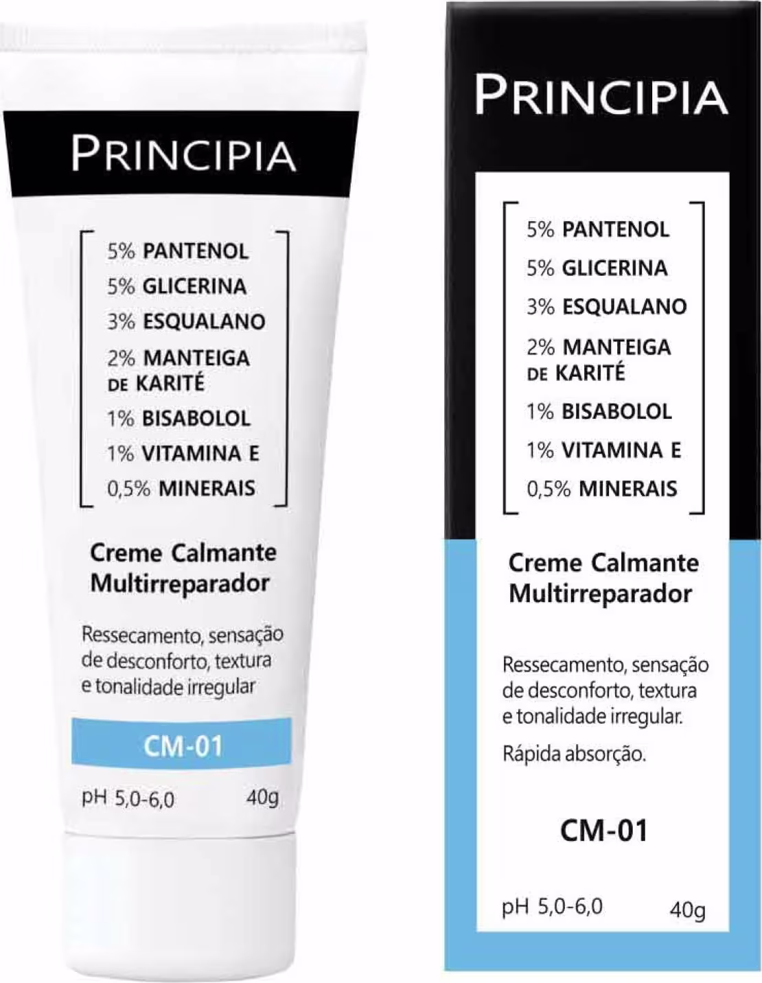 Tubo e caixa de embalagem do creme calmante multirreparador CM-01 da marca Principia. 