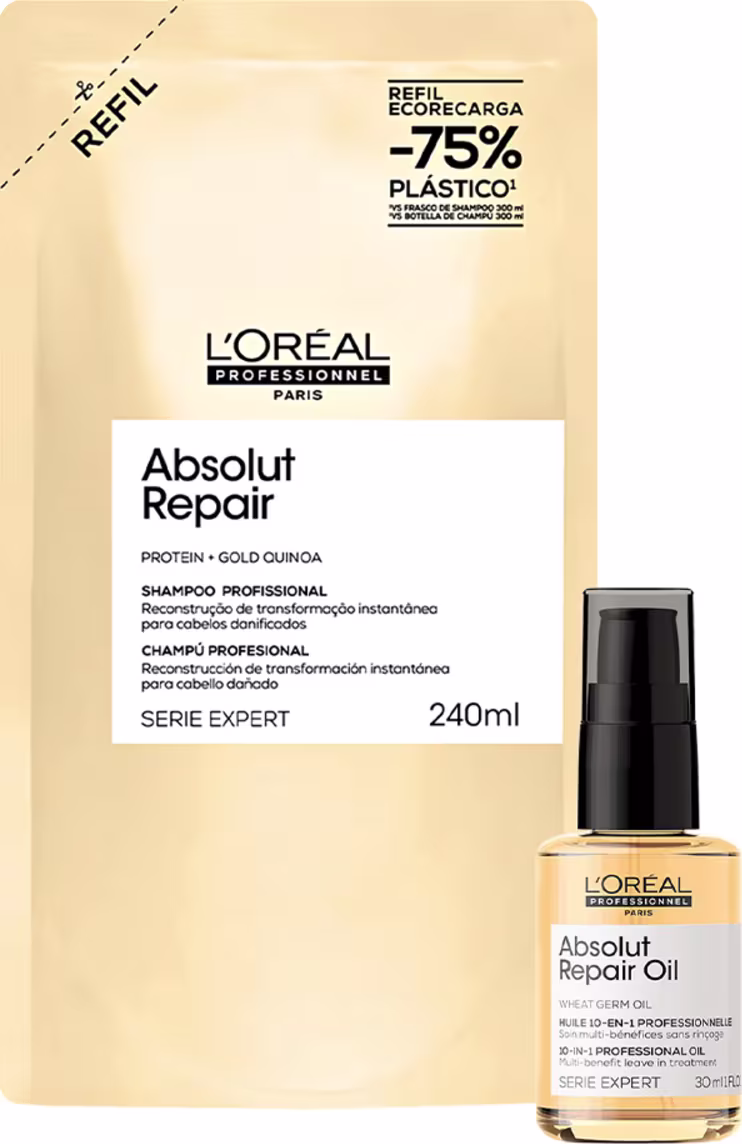 Embalagem refil de shampoo profissional Absolut Repair da L'Oréal Professionnel, com 240ml, e frasco de óleo reparador Absolut Repair Oil, com 30ml.