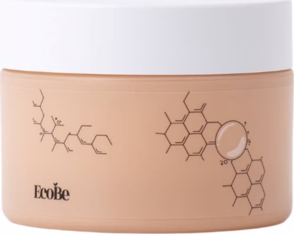 Embalagem de produto de beleza EcoBe Ceramide Cream em formato cilíndrico, com tampa branca e corpo em tom bege claro.