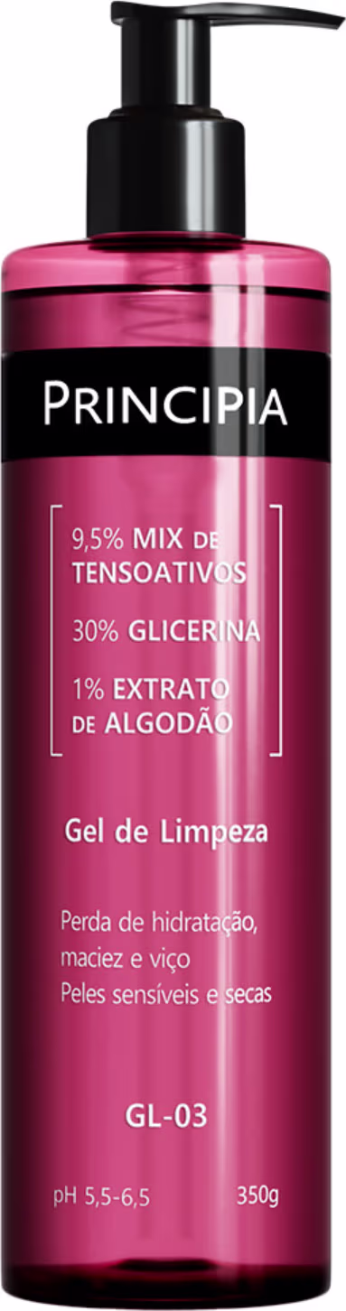 Frasco de gel de limpeza da marca Principia, com bomba dosadora preta. Embalagem rosa com rótulo preto destacando os principais ingredientes.