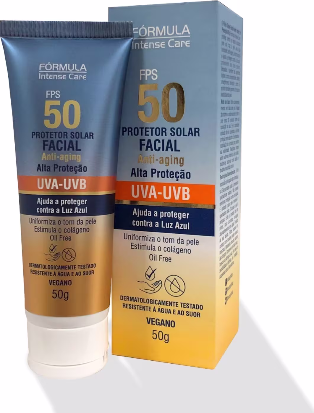 Protetor solar facial FPS 50 da Fórmula Intense Care, em embalagem de tubo plástico azul e caixa amarela, com informações sobre alta proteção UVA-UVB e benefícios anti-envelhecimento.