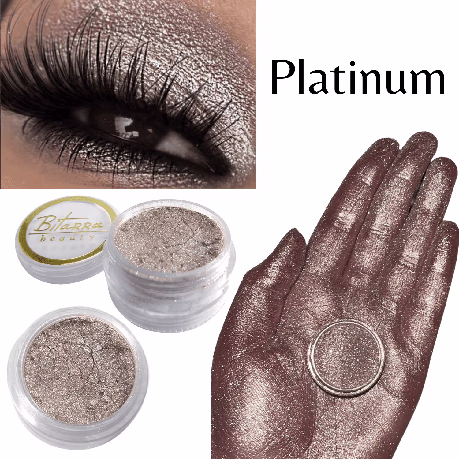 Imagem de sombra pigmentp da marca Bitarra Beauty, em tom de platina e luvas com acabamento metálico na cor Platinum. Mão pigmentada e olho maquiado destacam a cor.