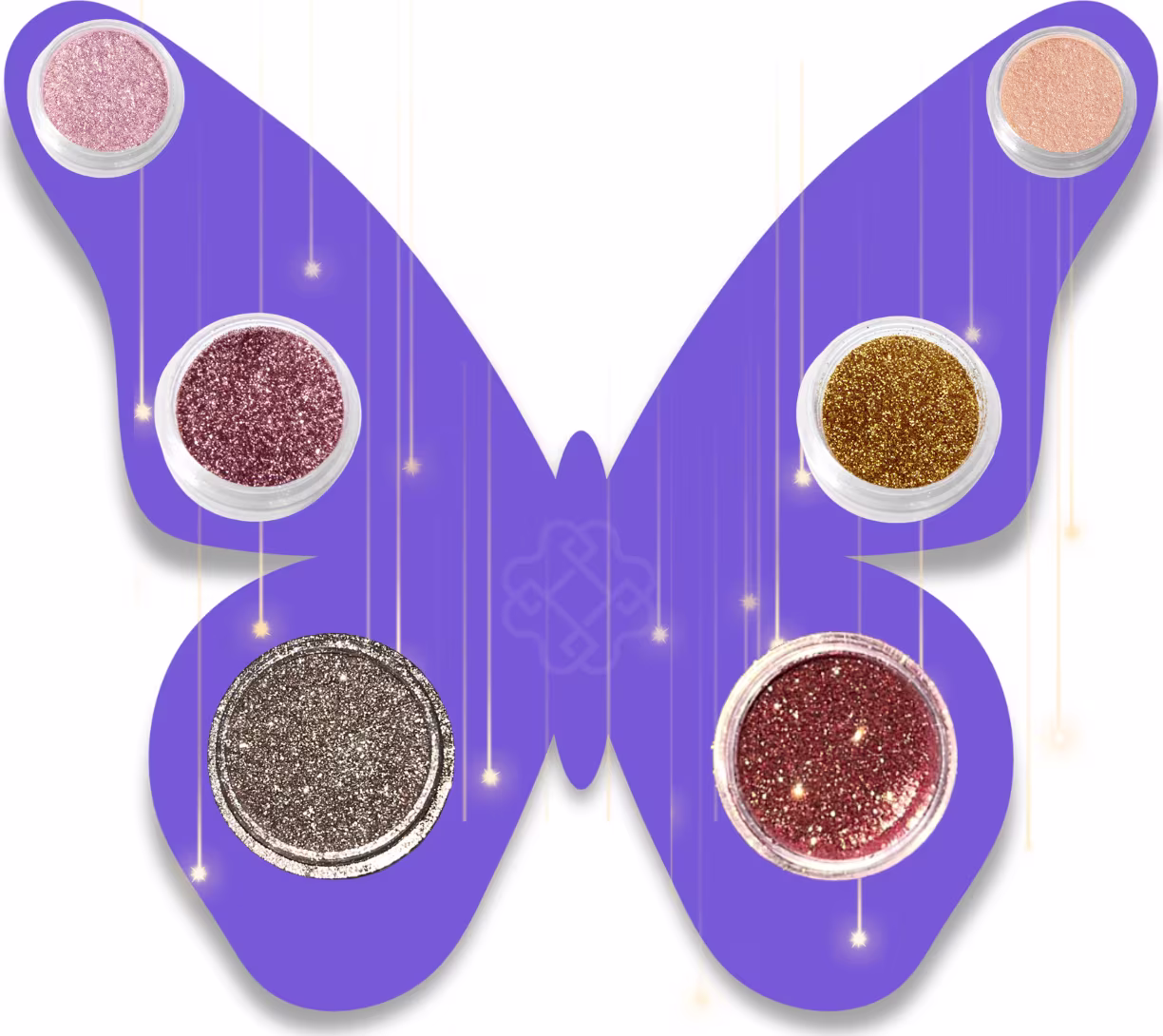 Paleta de sombras em formato de borboleta da marca Bitarra Beauty, contendo 6 potes de glitter em tons de rosa, dourado, marrom e vermelho, em embalagem roxa com detalhes brilhantes.