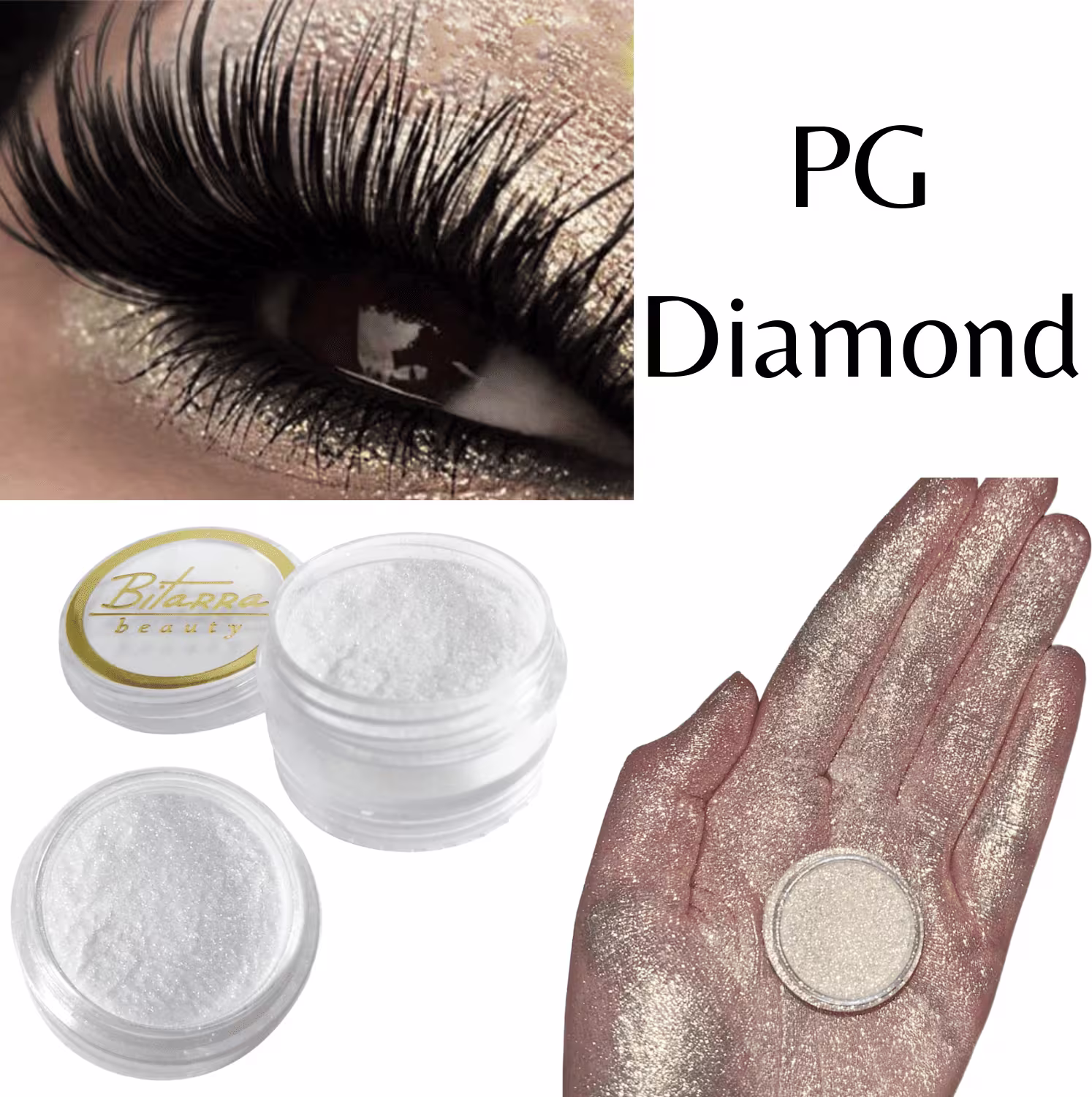Pó brilhante em embalagem transparente. Mão com pó brilhante e olhos com maquiagem e cílios postiços, destacando a cor do pigmento Diamond da Bitarra Beauty