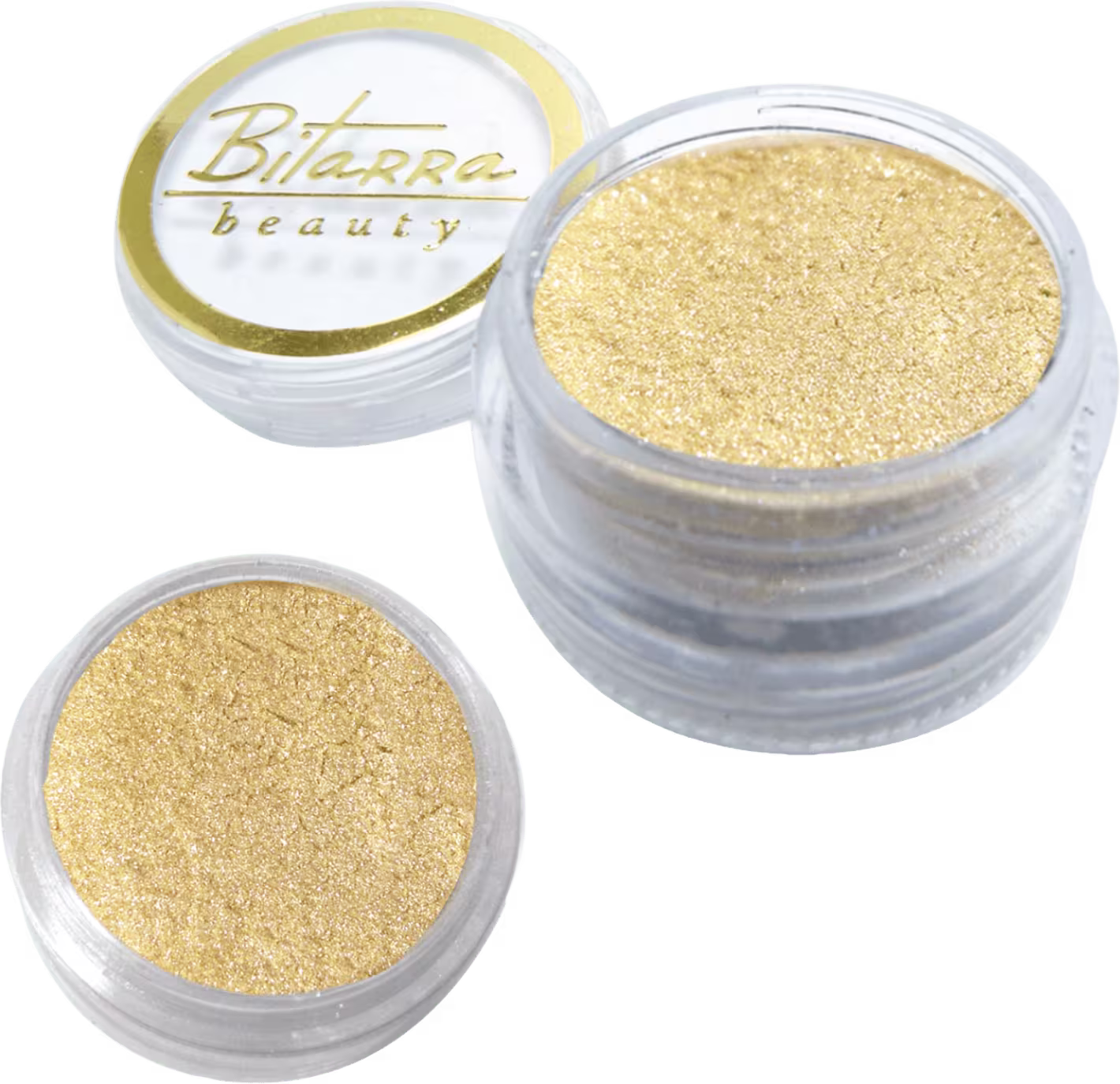 Potes de pó dourado brilhante da marca Bitarra Beauty, com rótulos em letras douradas. O produto é um pigmento em pó
