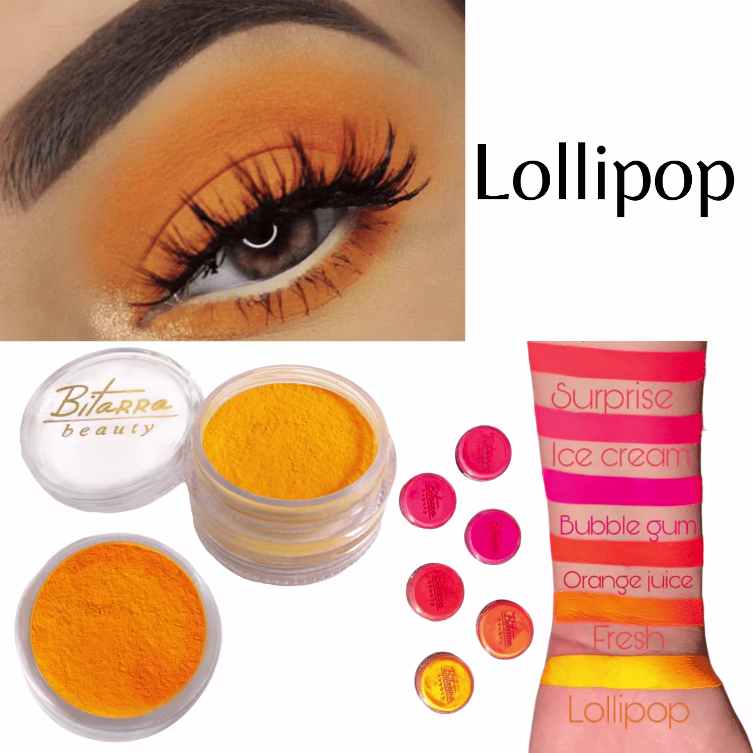 Pigmento Bitarra Beauty em tons de amarelo vibrante, com embalagem redonda. O texto indica o nome da cor: Lollipop