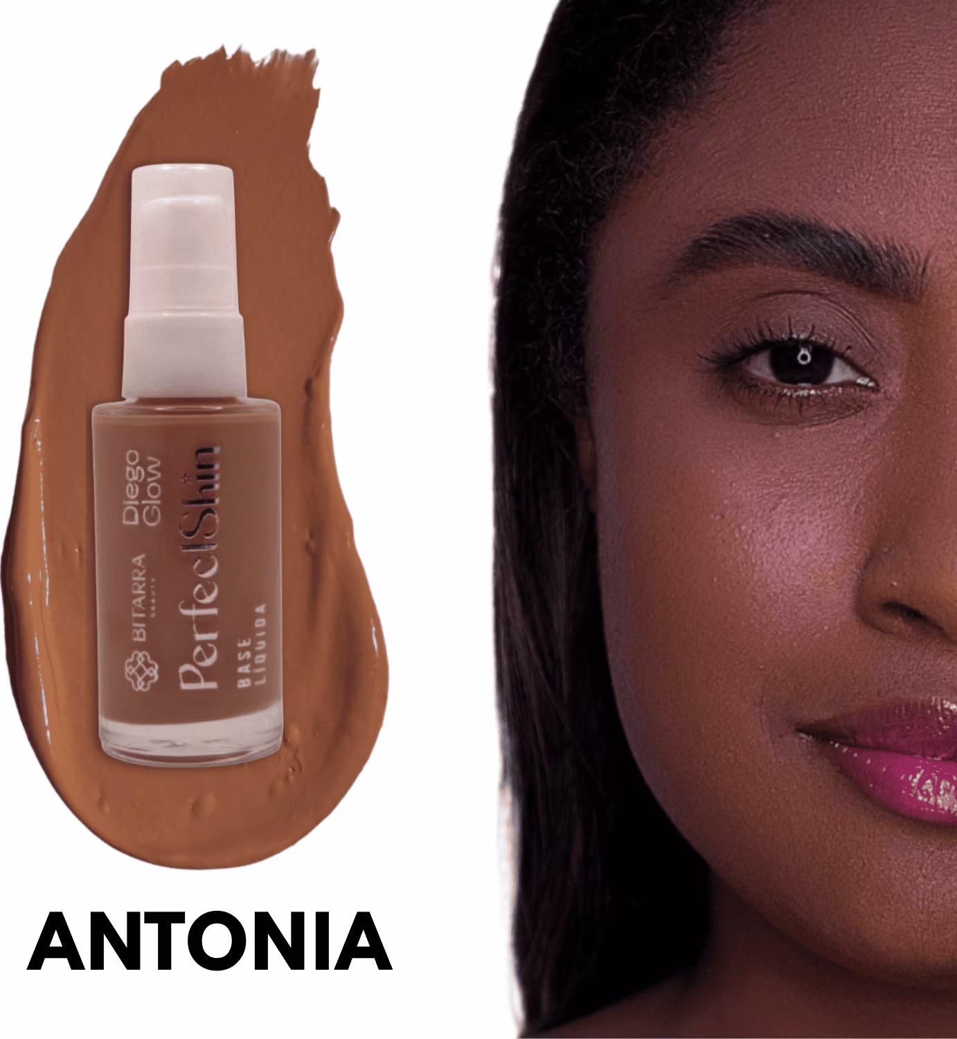 Ambiente de uso de produto de beleza da marca Bitarra Beauty. Imagem mostra frasco de base líquida em tom de pele e rosto de mulher com maquiagem natural, em fundo neutro.
