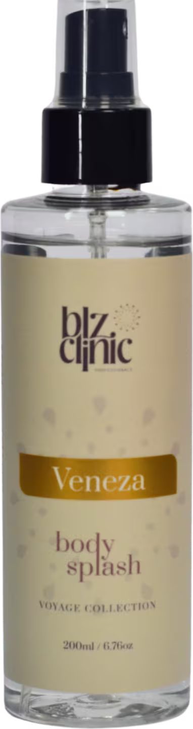 Frasco de corpo com pulverizador da linha Veneza da Blz Clinic, com rótulo em tons de amarelo e branco. Produto da coleção de viagem, com volume de 200ml.