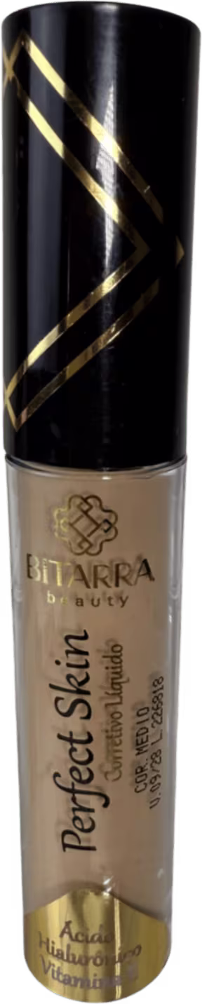 Frasco de maquiagem Bitarra Beauty com design preto e dourado, contendo produto para pele com rótulo "Perfect Skin" e informações sobre o conteúdo.