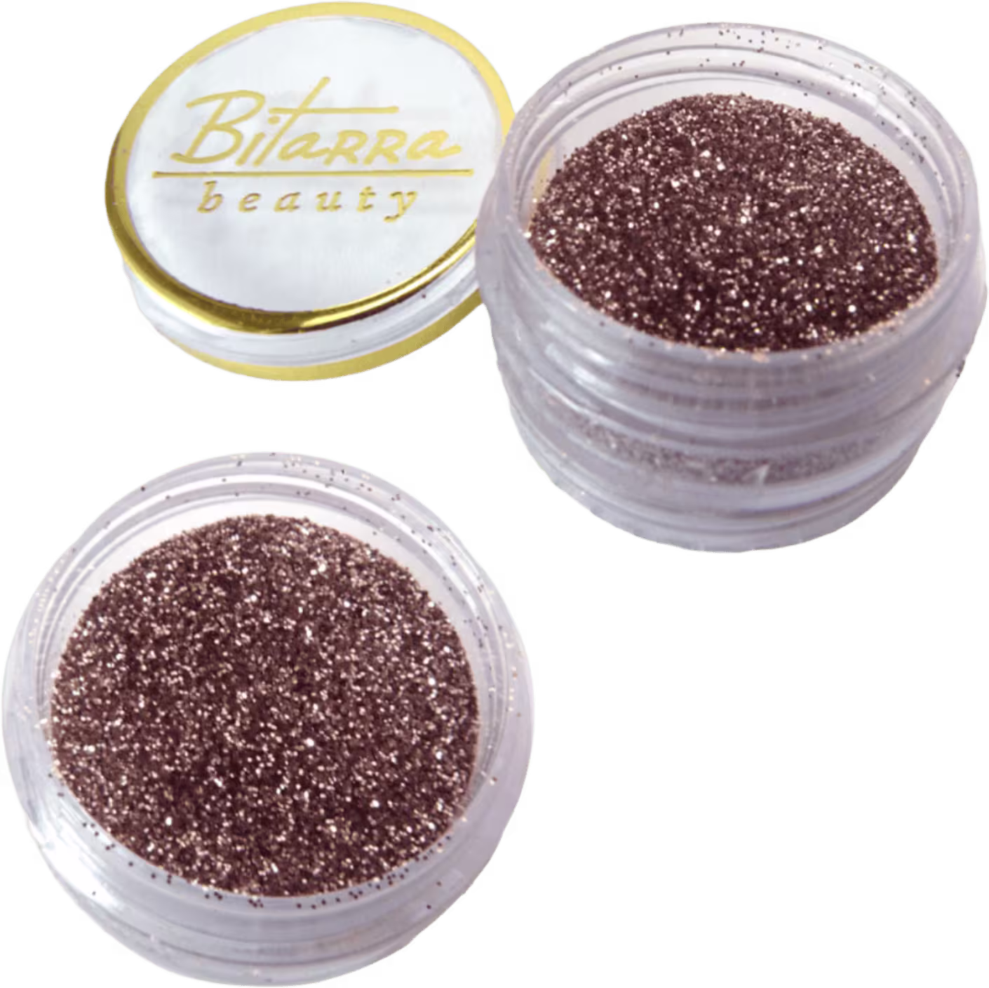 Dois potes de glitter marrom dourdao da marca Bitarra Beauty, conteúdo brilhante e granulado dentro dos recipientes transparentes.