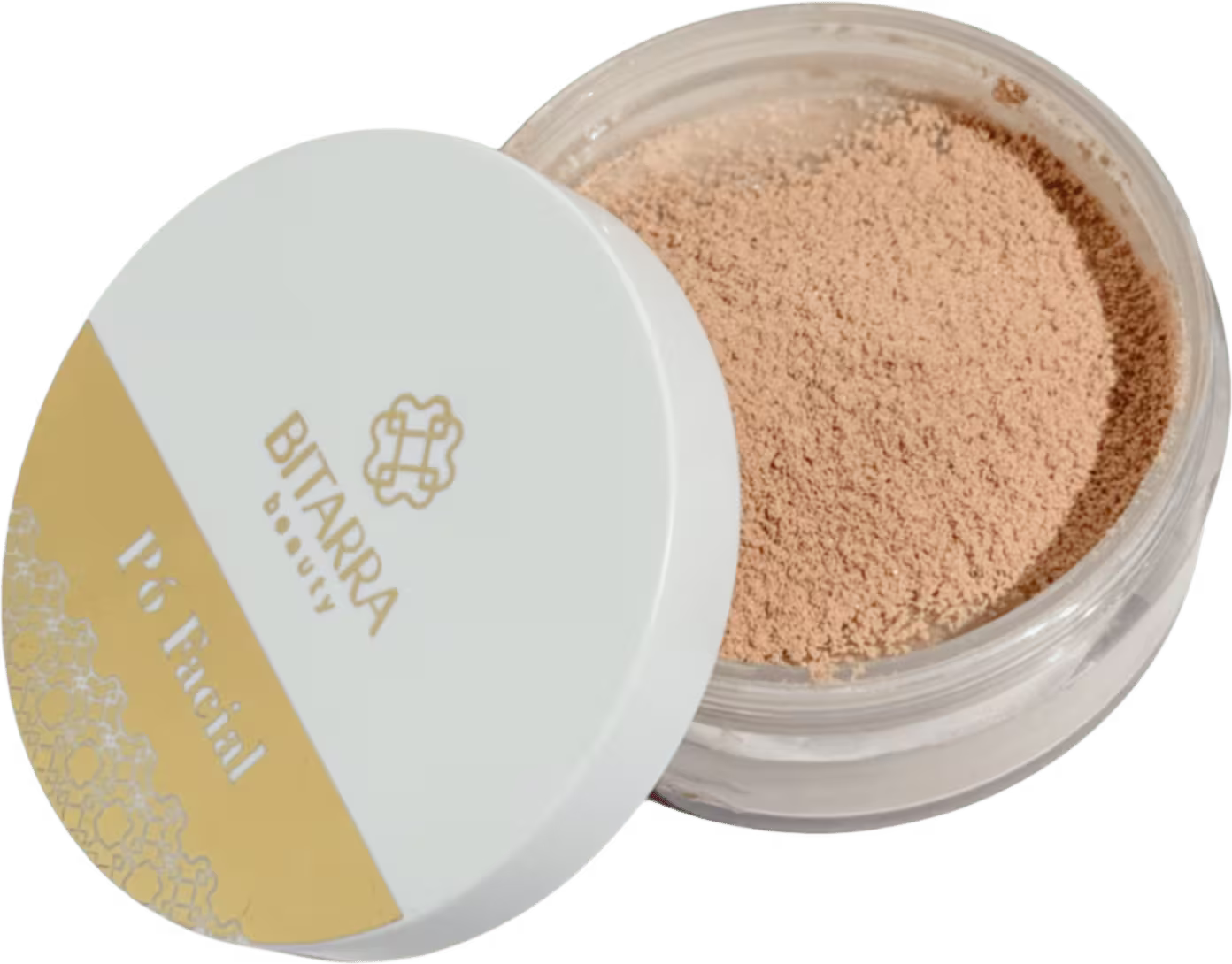 Pó solto em embalagem circular de plástico transparente com tampa branca, contendo produto de cor bege. Rótulo branco com logotipo da marca Bitarra Beauty.