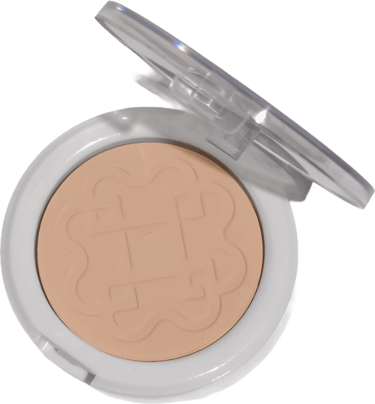 Pó compacto Bitarra Beauty em embalagem redonda branca com tampa transparente.