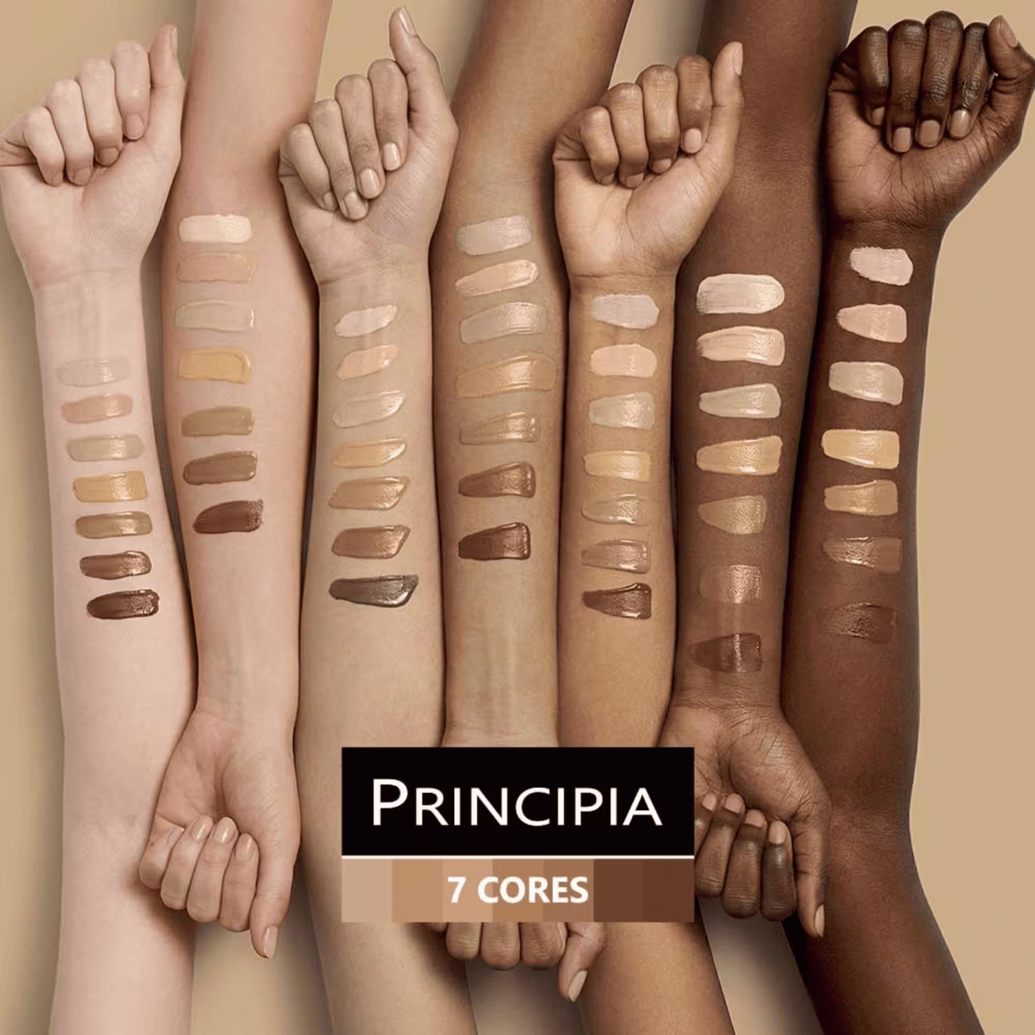 A imagem apresenta uma paleta de tons de pele variados, representando a diversidade de cores da marca Principia.
