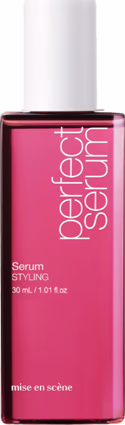 Frasco de soro para styling da marca Mise en Scène, com embalagem de cor rosa vibrante e rótulo com o nome do produto em destaque.