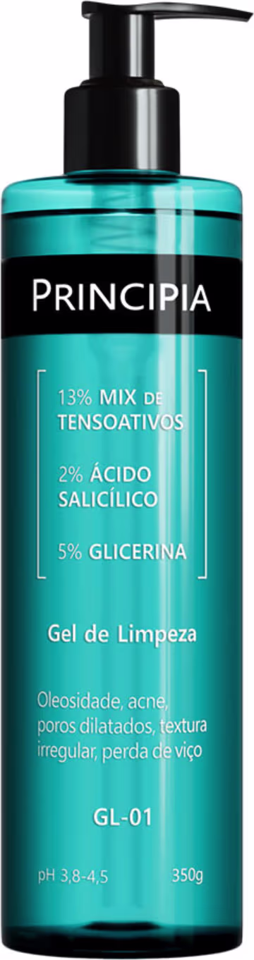 Gel de limpeza Principia em embalagem preta e azul com informações sobre sua composição, incluindo 13% de mix de tensoativos, 2% de ácido salicílico e 5% de glicerina, para tratar oleosidade, acne e poros dilatados.