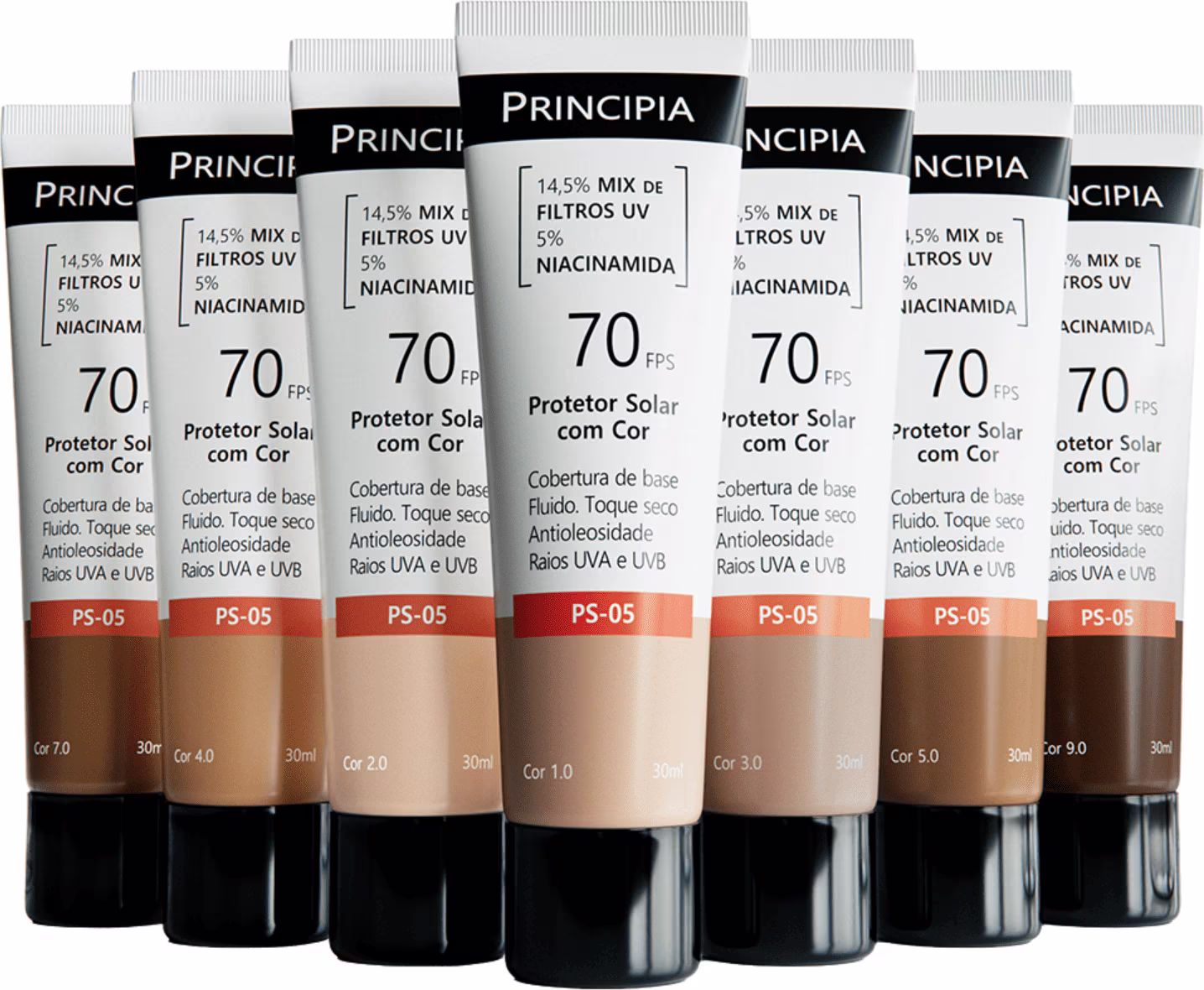 Diversos frascos de protetor solar da marca Principia, com embalagens em preto e branco, exibindo informações sobre o FPS 70 e a composição do produto, incluindo filtros UV e niacinamida.