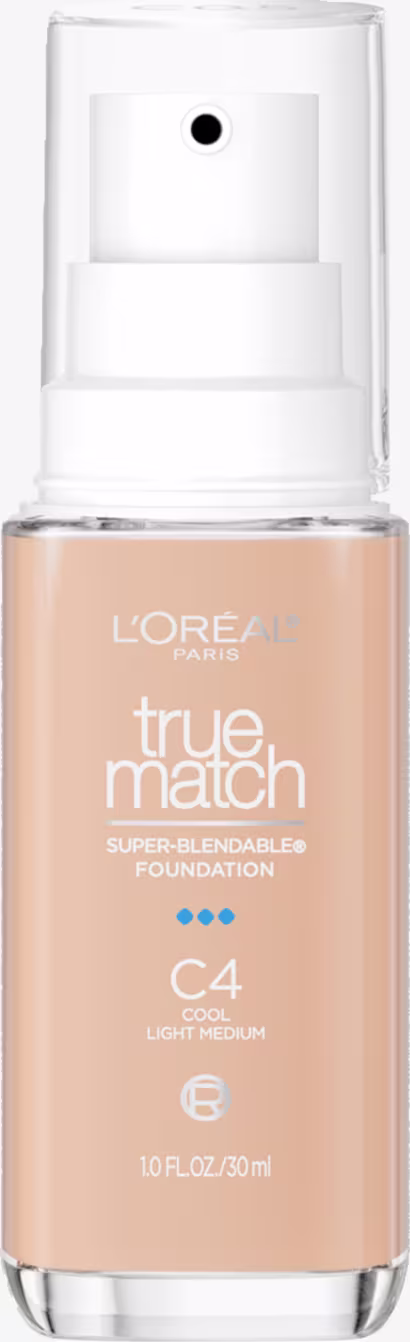 Frasco de maquiagem da L'Oréal Paris, True Match, com base líquida de cobertura média, na cor C4 Cool Light Medium, em embalagem de vidro com bomba dosadora.