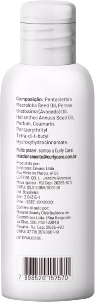 Produto de cuidado capilar em frasco plástico branco pequeno. Rótulo com lista de ingredientes em português.