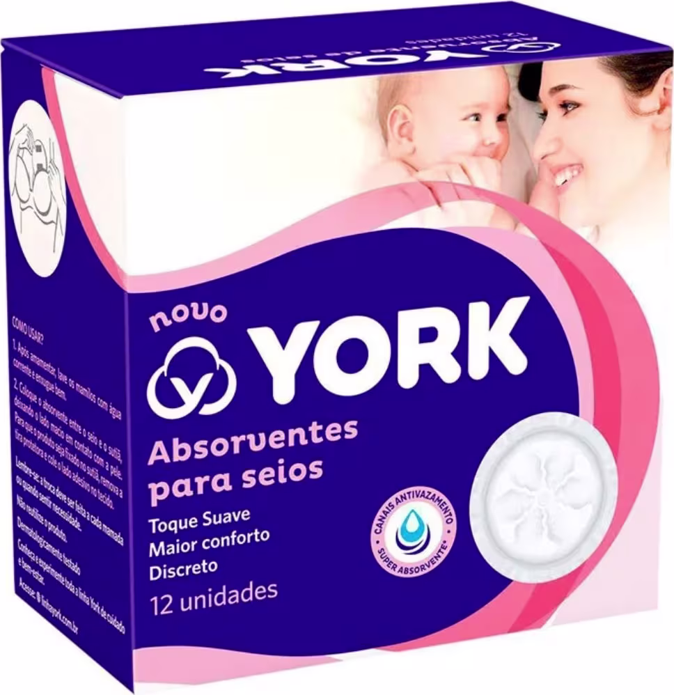 Caixa de absorventes para seios da marca York, com design discreto e cores predominantes azul e rosa. Apresenta informações sobre o produto, como "Toque Suave" e "Maior Conforto".