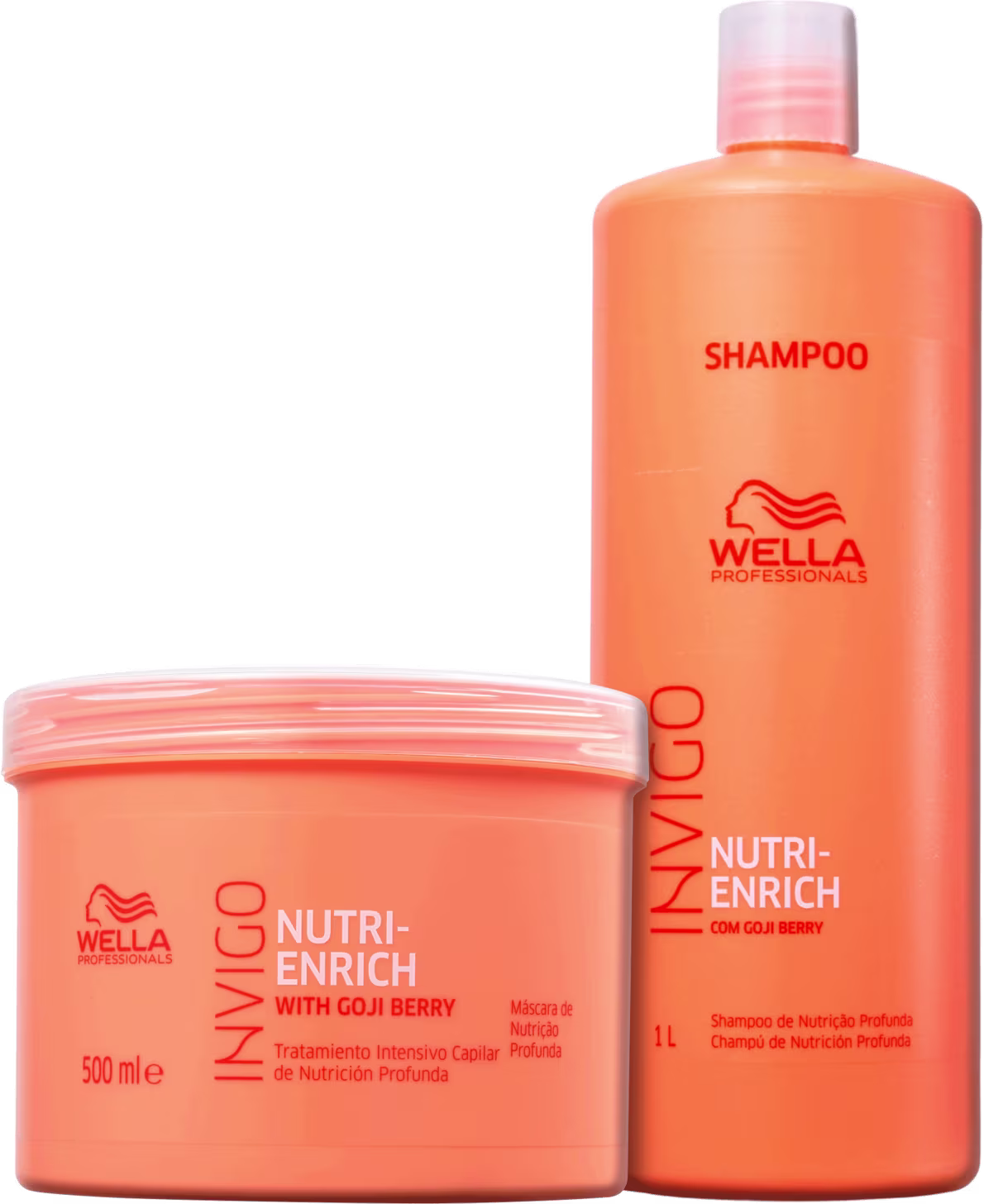 Dois produtos de cuidados capilares da marca Wella Professionals. Um é um shampoo de nutrição profunda chamado "Nutri-Enrich" com goji berry, em uma embalagem laranja de 1 litro. O outro é uma máscara capilar em uma embalagem laranja de 500ml.