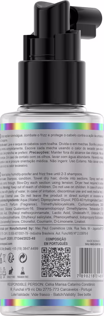 A imagem mostra o verso do produto. O rótulo com informações detalhadas do produto em português, incluindo ingredientes, instruções de uso, código de barras e dados do fabricante. Formato de spray com aplicador bomba na parte superior.