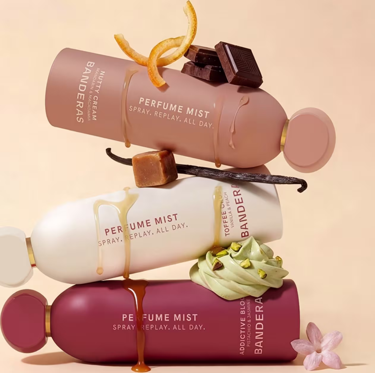 Conjunto com frascos de body mists banderas.