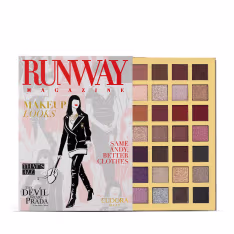 Caixa de paleta de sombras de maquiagem da marca Eudora entreaberta. Capa da Runaway Magazine, escrito 'Same Andy, better clothes', pois se trata de uma collab de O Diabo Veste Prada.