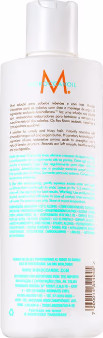 A imagem mostra a parte de trás do Condicionador Moroccanoil Smoothing 250ml. É um frasco plástico com uma bomba dosadora. O rótulo contém informações sobre os ingredientes e benefícios do produto. As cores predominantes são branco, azul claro e laranja.