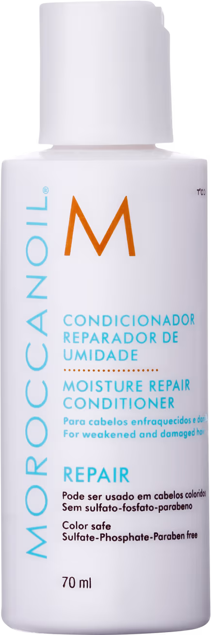 Frasco branco de condicionador Moroccanoil para reparação da umidade dos cabelos, com rótulo laranja e azul indicando "Moisture Repair Conditioner" e informações sobre o produto.