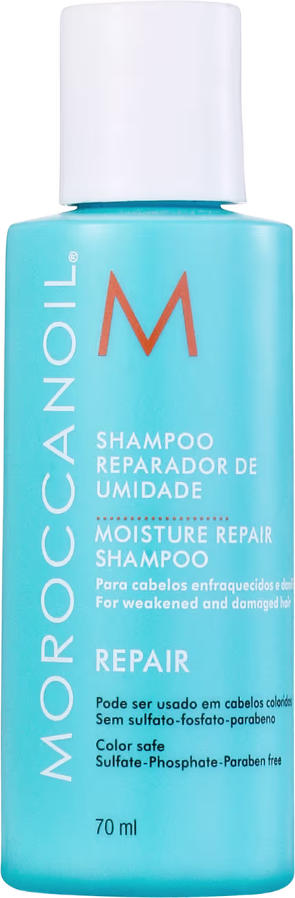 Frasco de shampoo Moroccanoil Moisture Repair, com embalagem azul clara e rótulo branco, contendo 70 ml do produto para cabelos enfraquecidos e danificados.