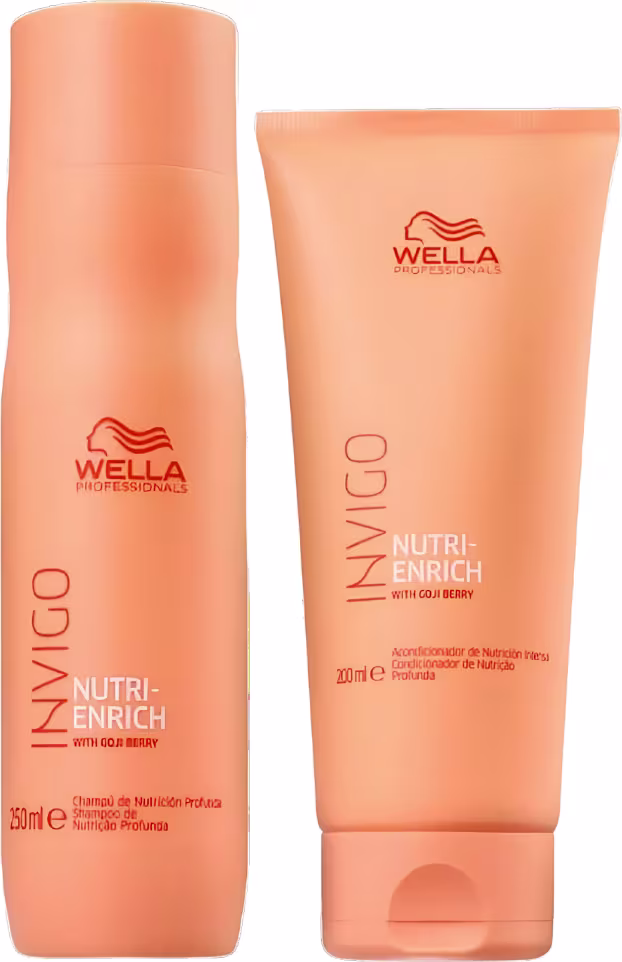 Dois tubos de produtos capilares da linha Nutri-Enrich de Wella Professionals. Os tubos têm uma cor salmão clara e apresentam o logotipo e nome da marca Wella em vermelho. Um tubo é de 200ml e o outro de 250ml, um condicionador e um shampoo.