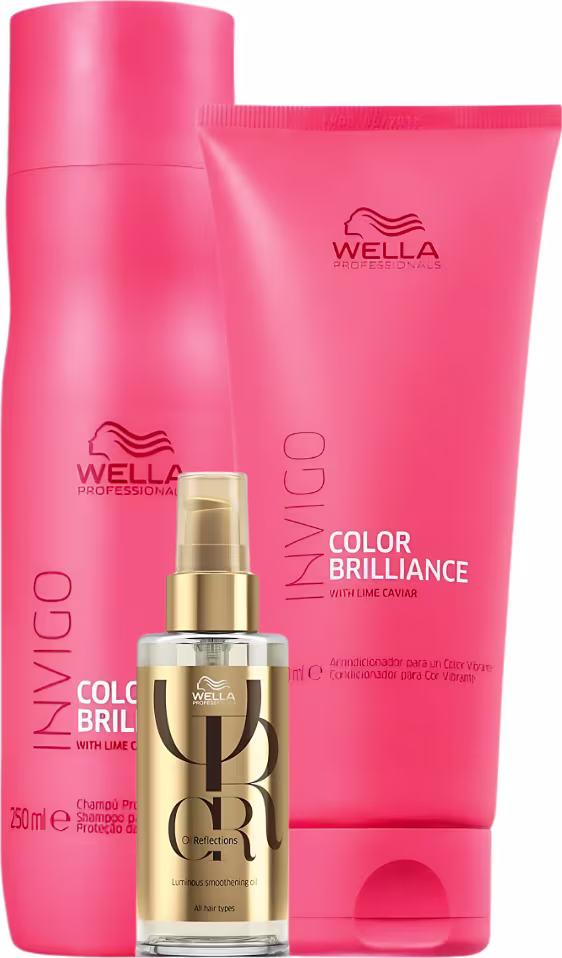 Produtos da linha Color Brilliance da Wella Professionals, incluindo shampoo e condicionador; e óleo Oil Reflections.
