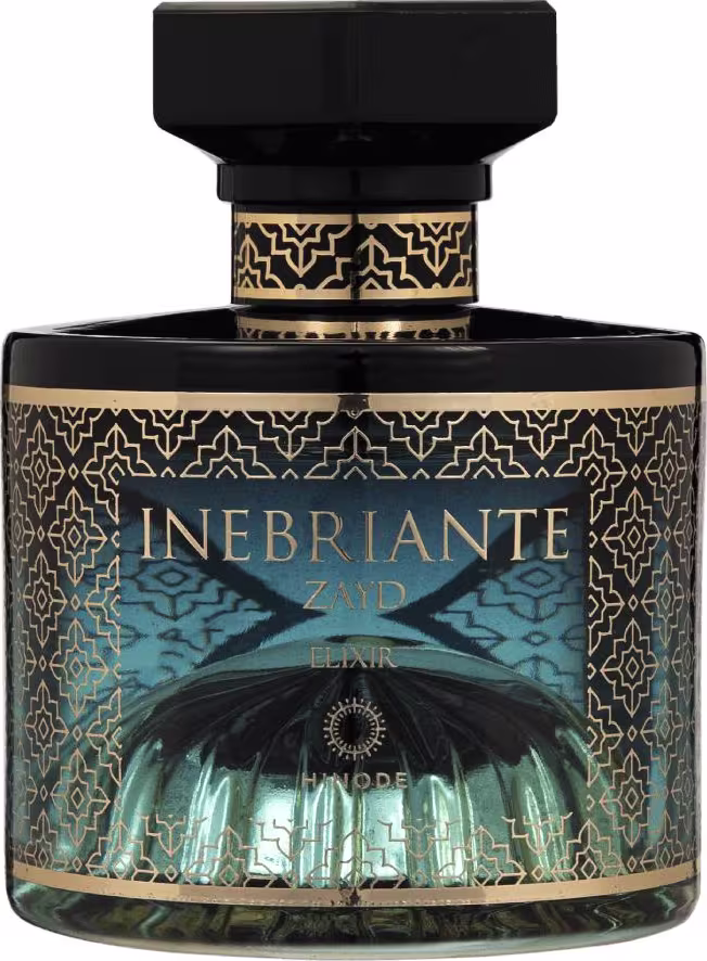 Frasco de perfume Inebriante Zaid Elixir da Hinode, com embalagem preta e dourada contendo padrões geométricos e o nome do produto em destaque.