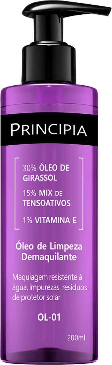 Frasco de óleo de limpeza demaquilante da marca Principia, com 200ml de capacidade. Embalagem de cor roxa com rótulo preto destacando os ingredientes: 30% óleo de girassol, 15% mix de tensoativos e 1% vitamina E.