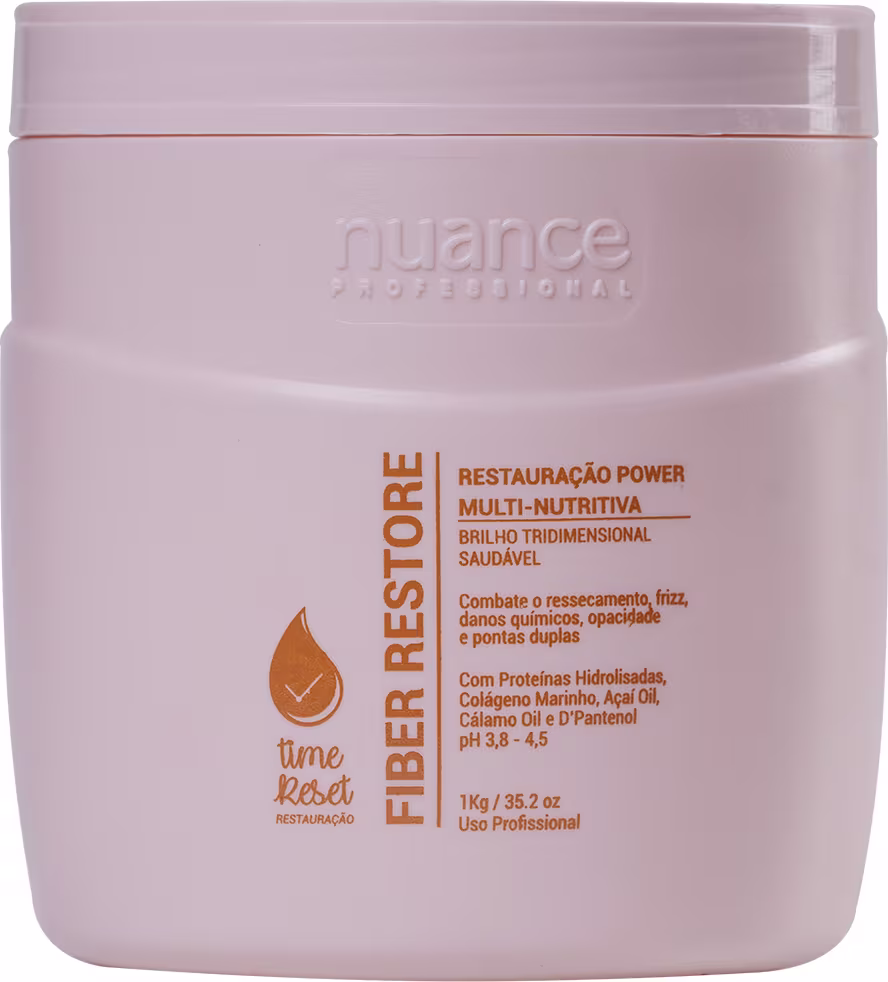 Máscara capilar da marca Nuance Professional, com a designação "Fiber Restore". O texto indica que se trata de um tratamento de restauração power multi-nutritivo, com propriedades de brilho tridimensional e suavidade.
