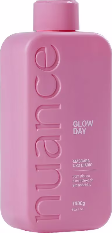Máscara Capilar Nuance Professional, com a denominação "Glow Day". A embalagem é de cor rosa predominante, com o nome da marca e do produto destacados em relevo. O frasco possui um formato cilíndrico e contém 1kg do produto, conforme indicado no rótulo.