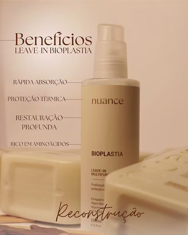 O rótulo do produto destaca os benefícios da bioplastia, como rápida absorção, proteção térmica, restauração profunda e enriquecimento com aminoácidos.