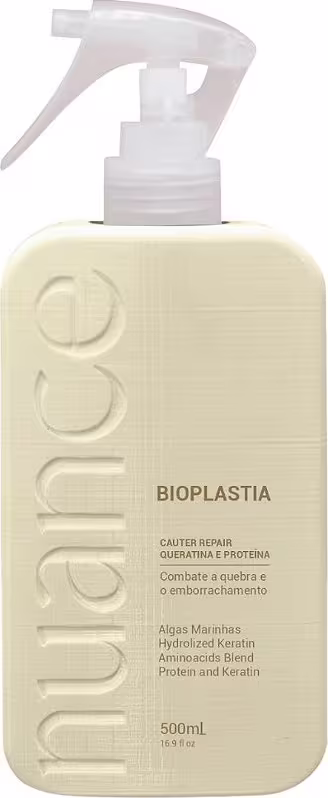 Tratamento capilar Nuance Professional. O frasco possui um design retangular com uma tampa branca e um rótulo com o nome do produto "Bioplastia" em destaque. O frasco possui 500 ml de capacidade.