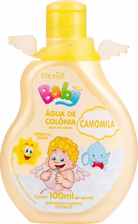 Frasco de água de colônia Muriel Baby com 100ml, com fórmula suave e aroma de camomila. Embalagem amarela com ilustrações de personagens infantis e informações sobre o produto.