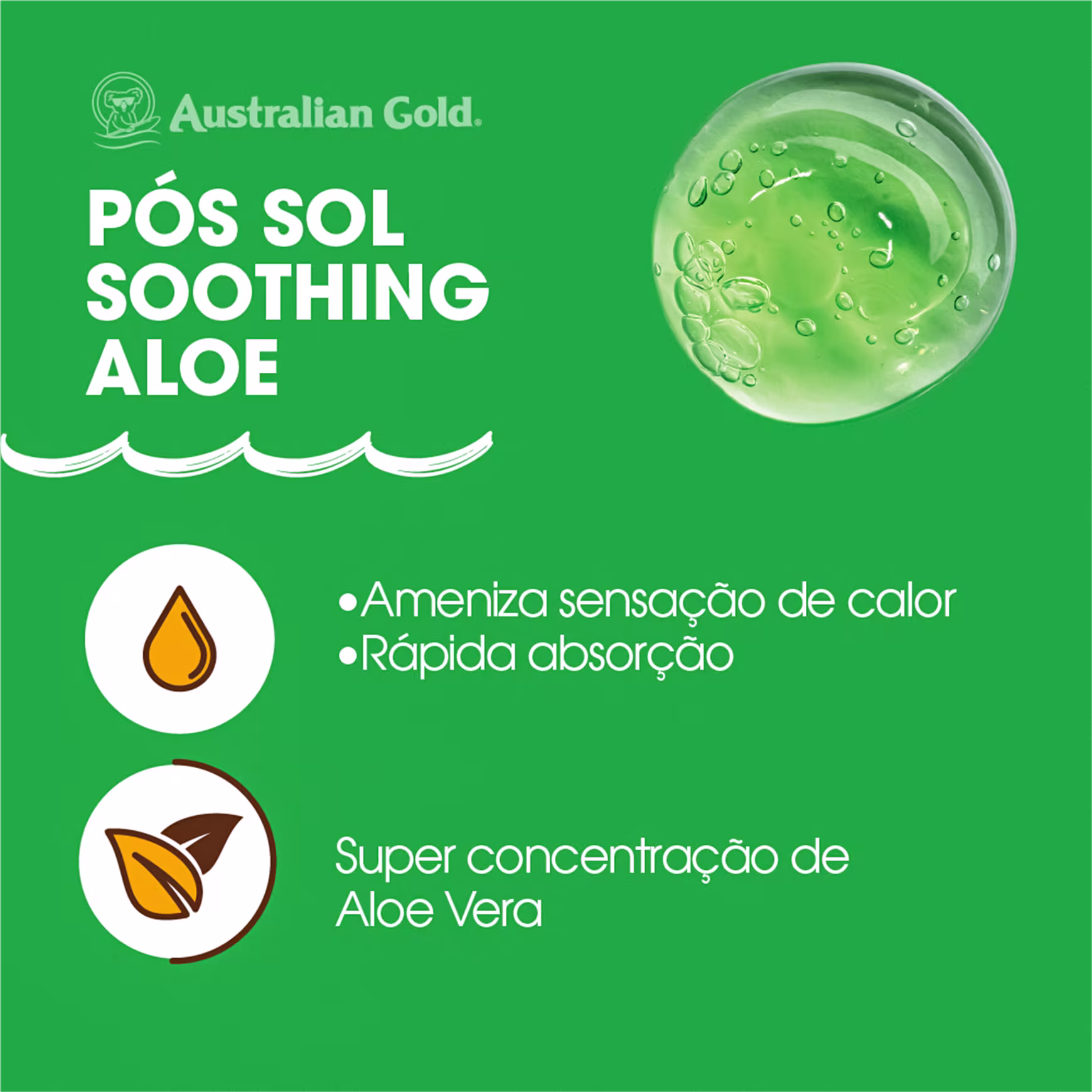"Ameniza sensação de calor" e "Rápida absorção". Ícones de uma gota de óleo e folha de aloe vera indicam os ingredientes principais e "Super concentração de Aloe Vera".