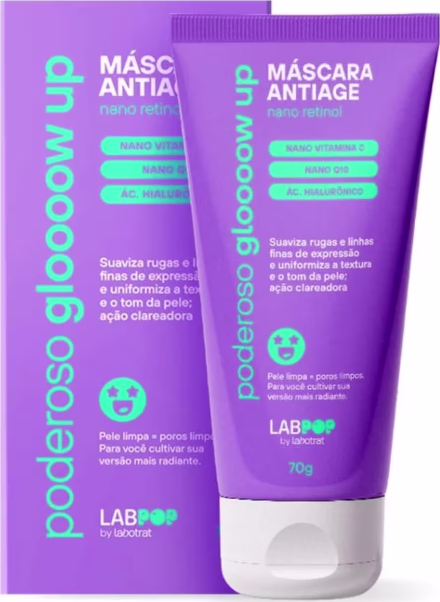 O produto apresentado é uma máscara facial da marca Labotrat. A embalagem é um tubo de cor roxa com detalhes em verde, contendo informações sobre os benefícios do produto. Volume de 70g.