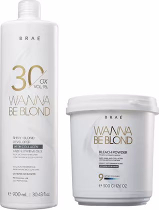 Dois produtos da marca Braé: um frasco de 900 ml de Wanna Be Blond, um revelador com 30 volumes, e um pote de 500 g de Bleach Powder, um pó descolorante.